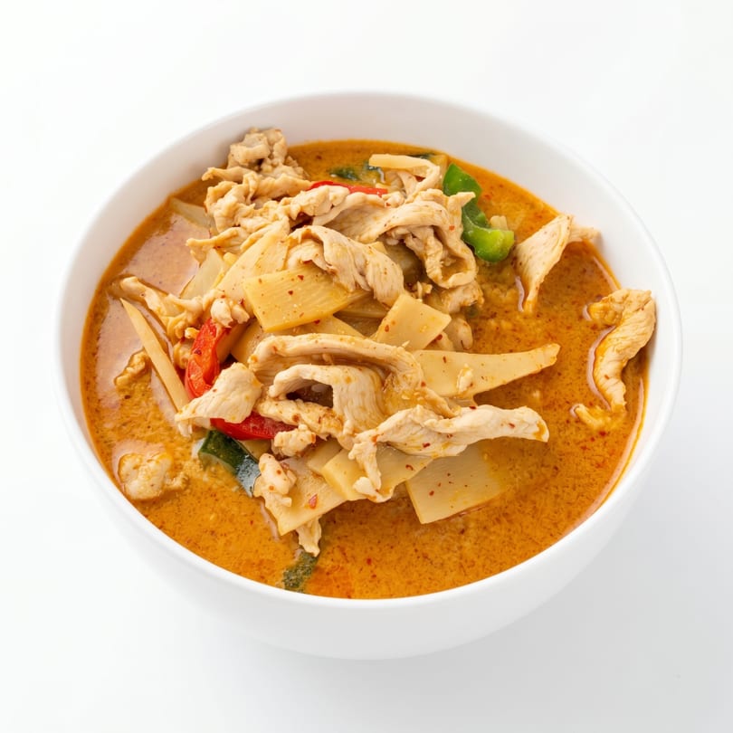 Red curry with sliced chicken, bamboo shoots, and bell peppers in a white bowl.