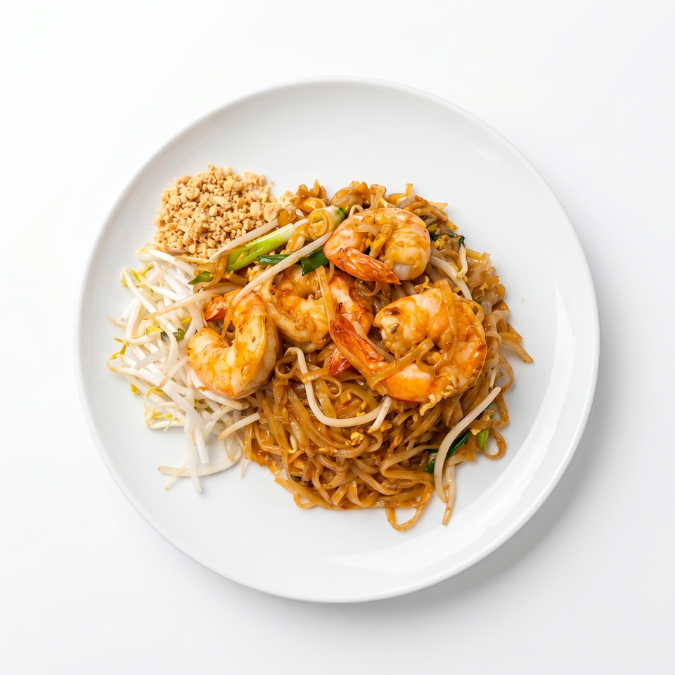 Pad Thai with shrimp, bean sprouts, and crushed peanuts on a white plate.
