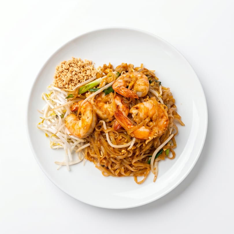 Pad Thai with shrimp, bean sprouts, and crushed peanuts on a white plate.