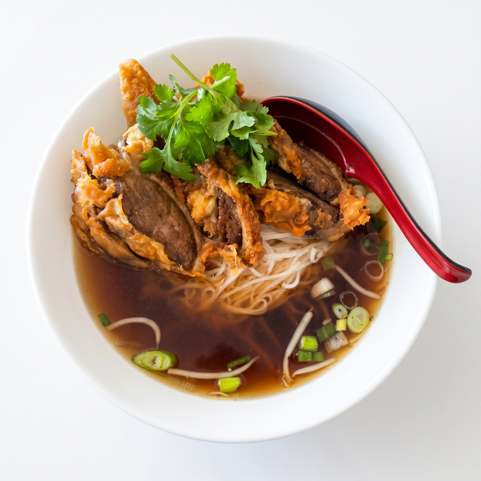 Crispy duck noodle soup with cilantro, scallions, and bean sprouts in a white bowl with a red spoon.