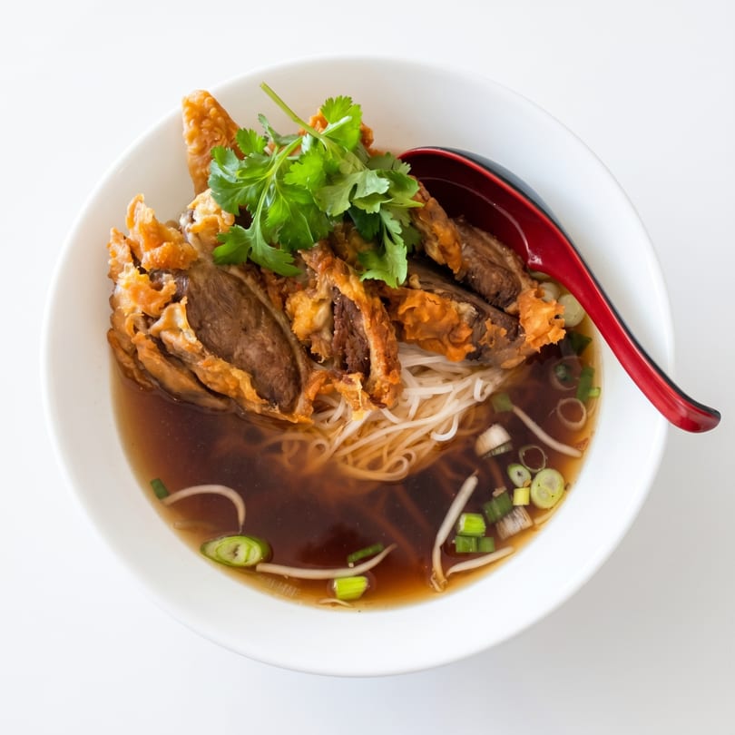 Crispy duck noodle soup with cilantro, scallions, and bean sprouts in a white bowl with a red spoon.