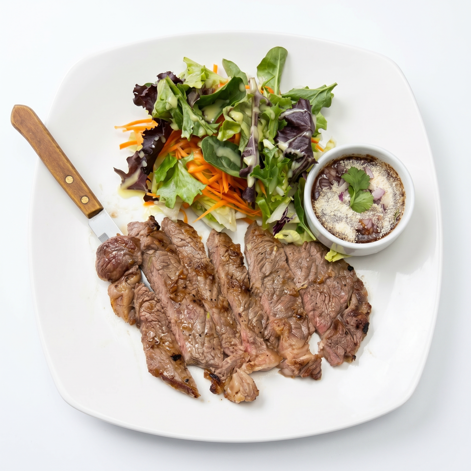 Sliced steak with a side salad, a small bowl of beans, and a steak knife on a white plate.