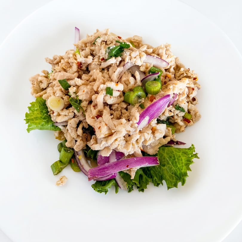 Minced chicken larb salad with red onions, green onions, and lettuce on a white plate.
