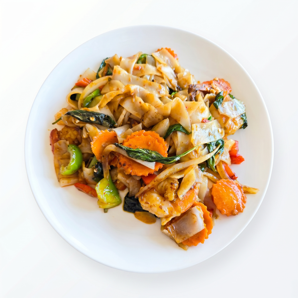 A white plate holds a serving of Pad See Ew with wide noodles, carrots, and green vegetables.