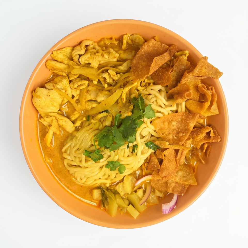 Overhead view of a bowl of Khao Soi, a Thai curry noodle soup with chicken and crispy wontons.